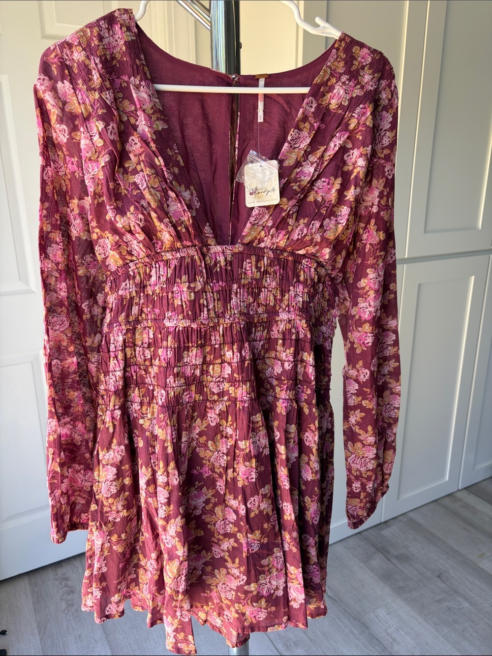 Free People Berry Floral V-Neck Smocked Waist Long Sleeve Dress, Size S.